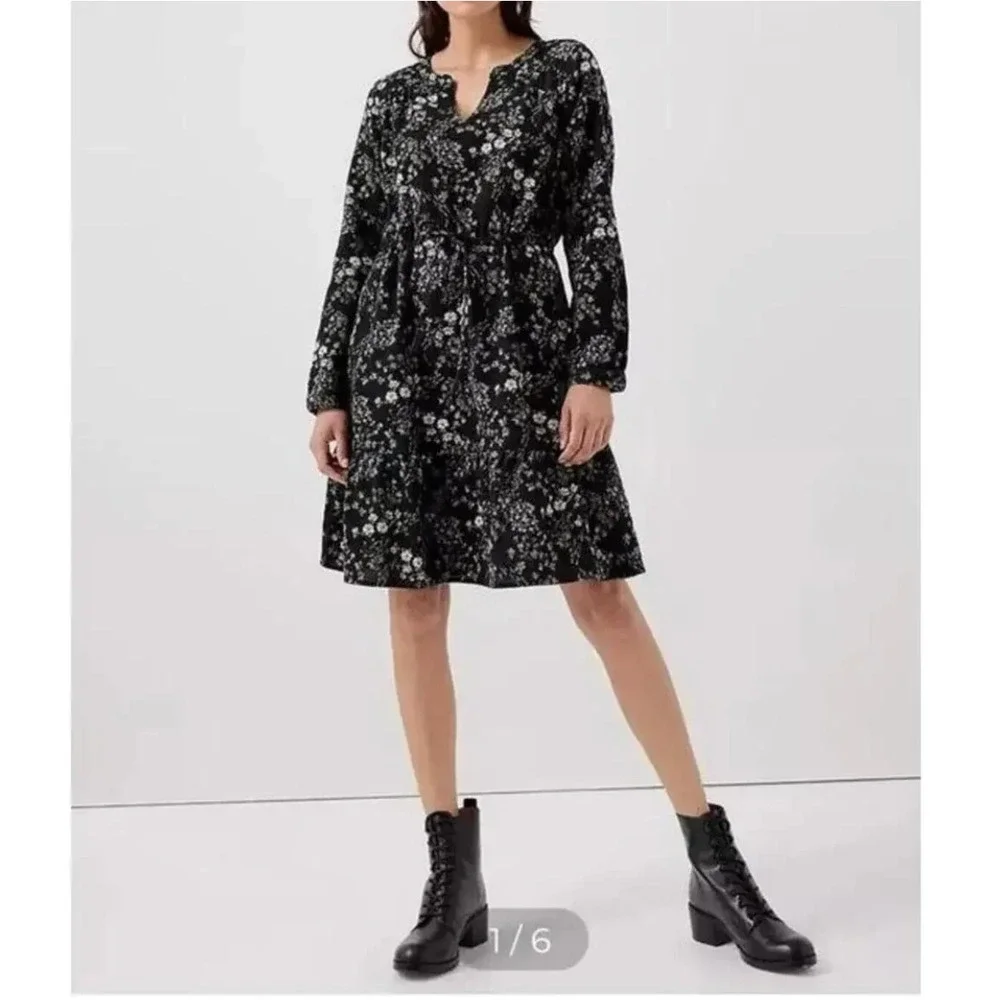 Pact Organic Cotton Floral Tiered Dress Black Green Long Sleeve Women's S